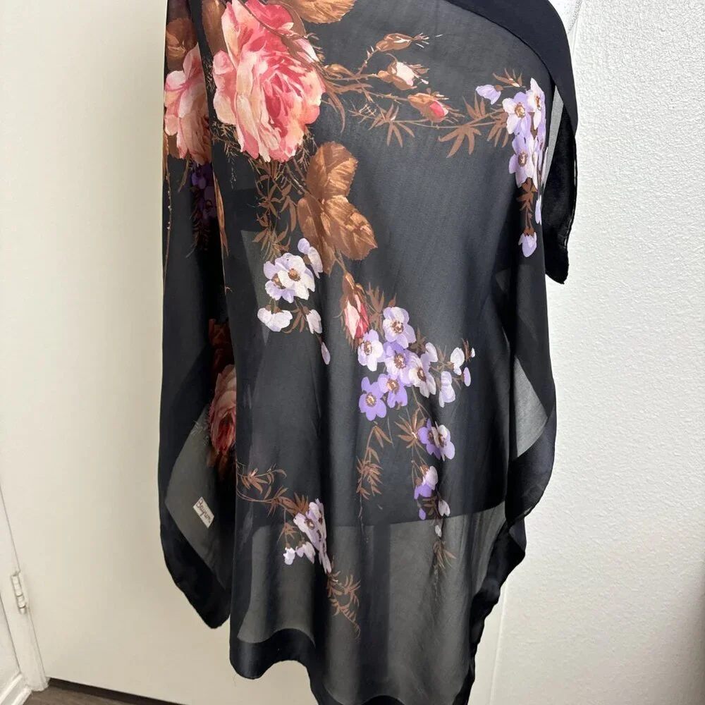 Vintage Silk Scarf Black Floral 34